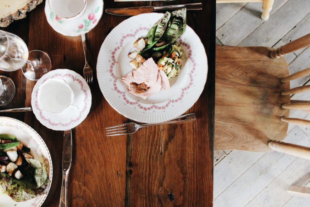 South Pond Farms: Sliced ham with rhubarb chutney, new potatoes & sorrel sauce, braised spring onions, lovage and chives