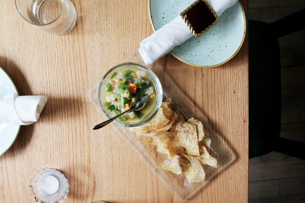 Bar Reyna: Sea Bass Ceviche (Sweet Potato, Red Onion, Leche de Tiger, Avocado Espuma, Radish, Mint, Jalapeno)