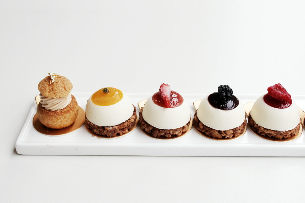 Delysèes: Summmer Rendezvous Menu: Sweet Caramel Mini Choux, Passion Fruit Cheesecake, Strawberry Cheesecake, Blackberry Cheesecake, Raspberry Cheesecake