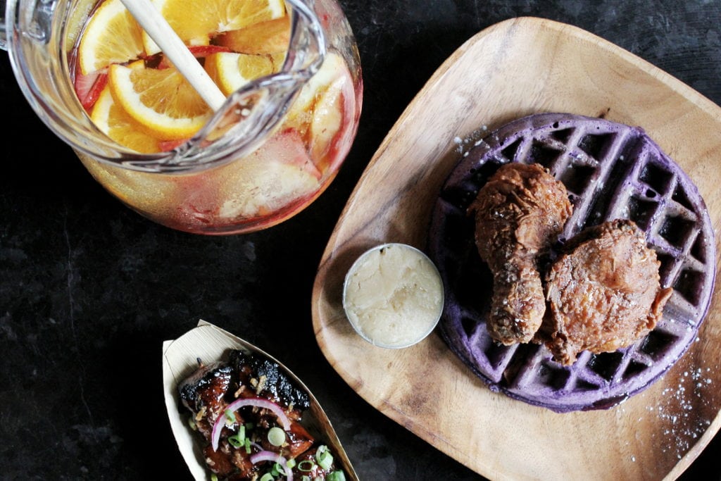 Bok Bok Chicken and Ube Waffles (fried chicken, purple yam waffles)