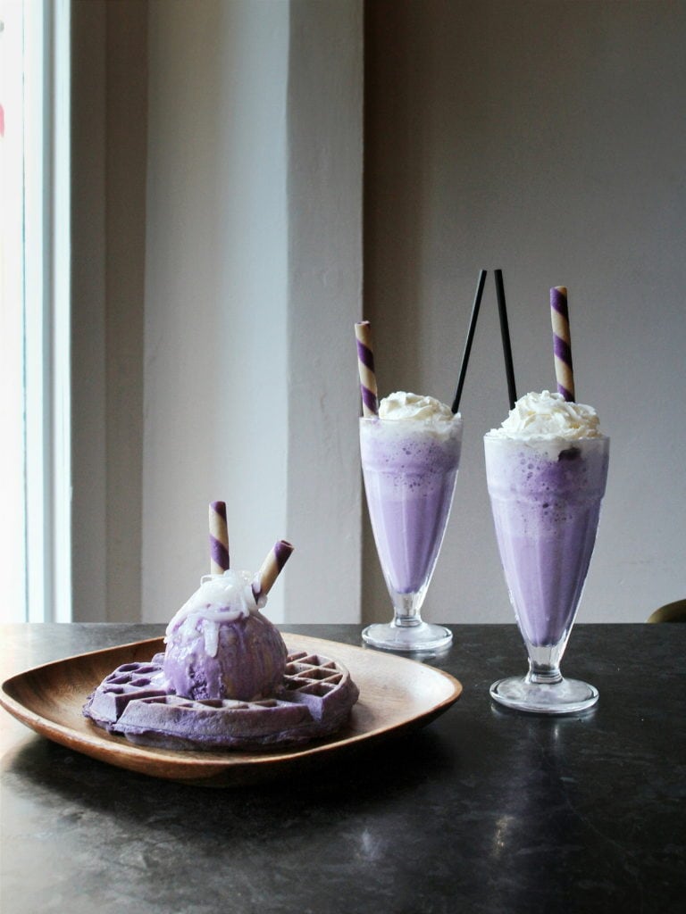 Platito: Waffle Icecream and Macupuno + Ube Milkshake