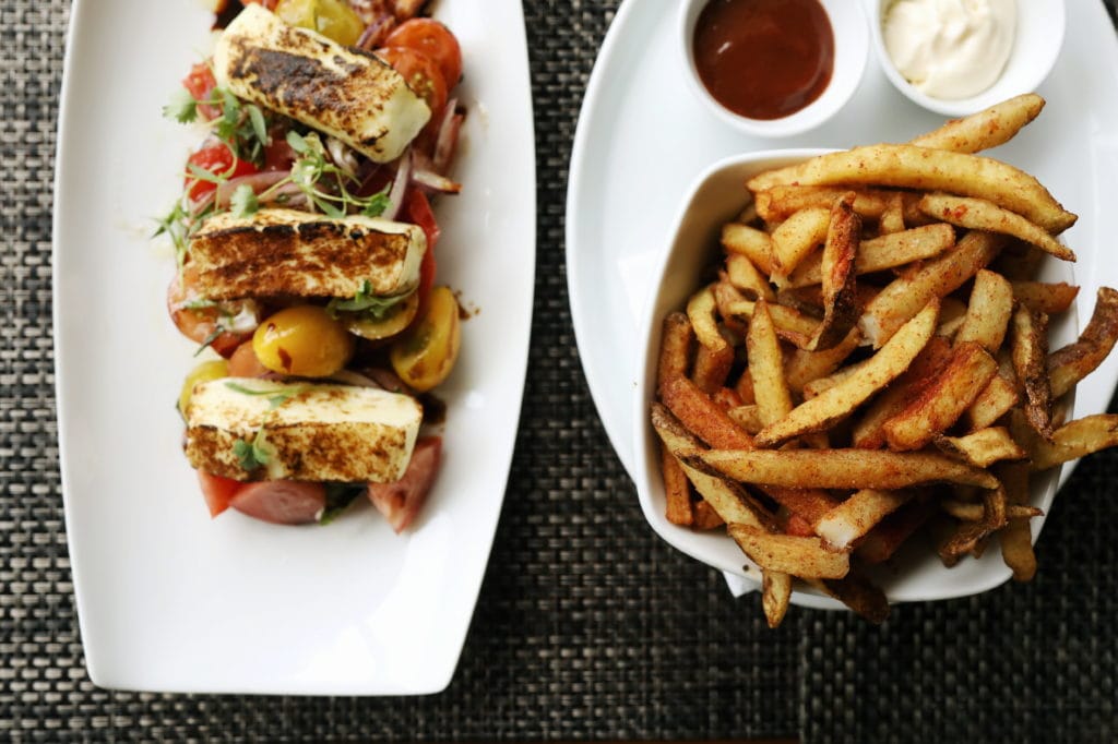 Diwan: Heirloom Tomato Salad & Halloumi Cheese + Masala Spiced Fries
