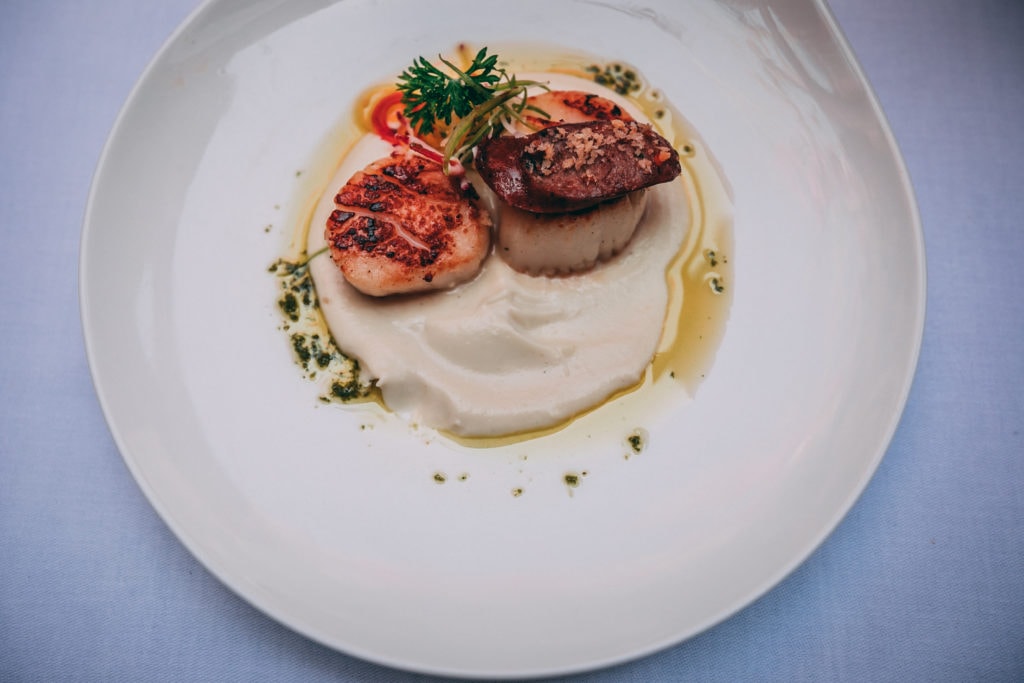 Sandals Royal Caribbean 5 Star Global Gourmet Culinary Tour: Le Jardinier - Coquilles St.Jacques, Seared Scallops + Chorizo, Cauliflower Purée, Crispy Pancetta, Herb Crumble