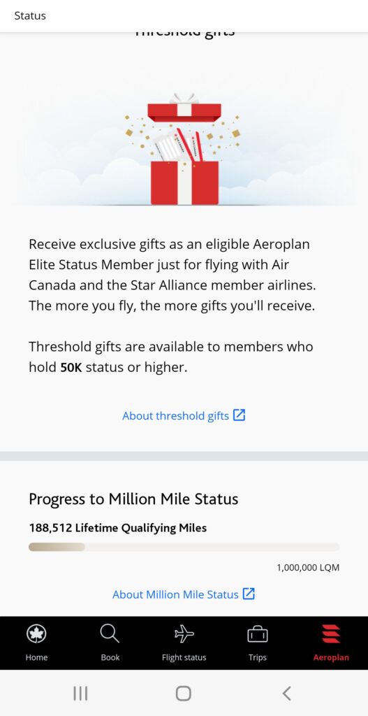 Graphic Shows how to see the status towards Air Canada Million Mile on the Air Canada app